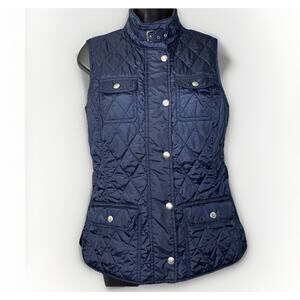 Banana Republic Womens Small Navy Blue Quilt Puff Vest Buckle Neck Full Zip Snap
